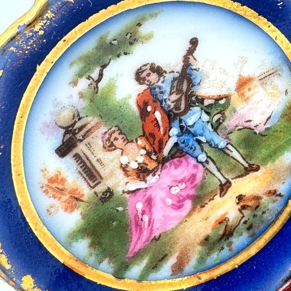 Limoges France Miniature Plate Romantic Courting Scene Wooden Stand Vtg 1.75" - Picture 3 of 8